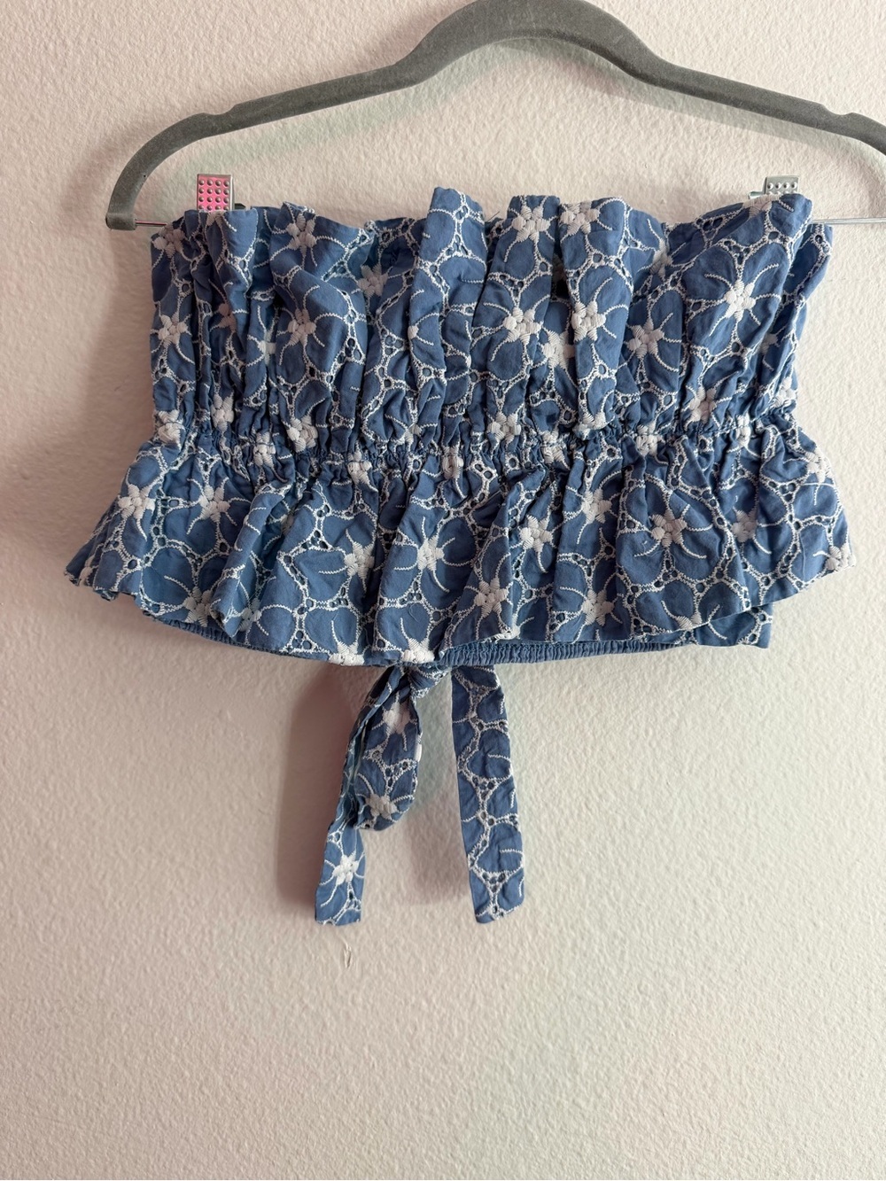 DO+BE Blue Floral Eyelet Cotton Strapless Crop Top Tie Back Size Small